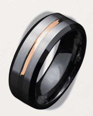 Black ring with rose gold inlay on a light gray background