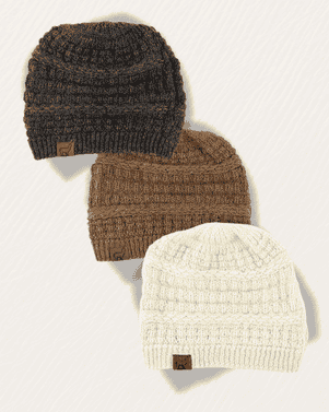 Three knit hats in brown, beige, and black on a light gray background
