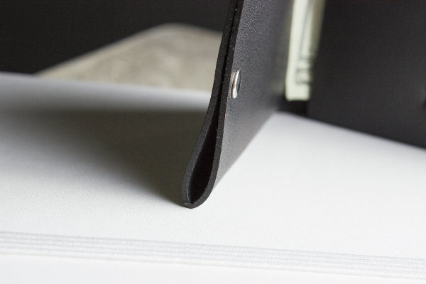 Close-up of a black leather-bound book on white paper