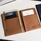Brown leather wallet with card slots on a white surface, with 'KIKO' branding.