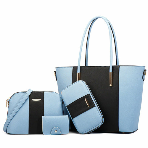 Set of light blue handbags with black accents on a white background
