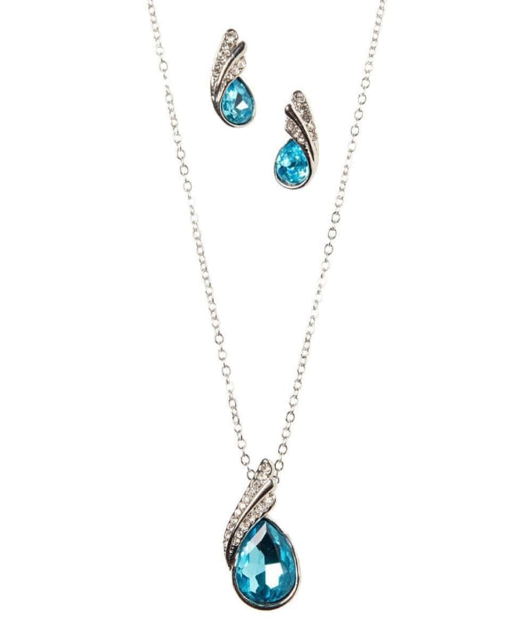 Jewelry set with blue teardrop pendant necklace and earrings on a white background