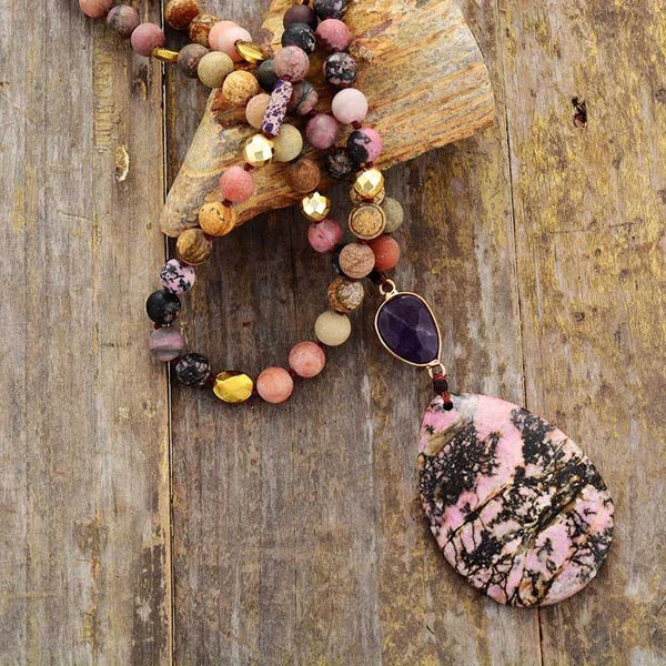 Elegant Rhodonite Lariat Beaded Pendant Necklace - Odds & Ends Novelties