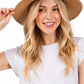 Woman wearing a brown straw hat on a white background