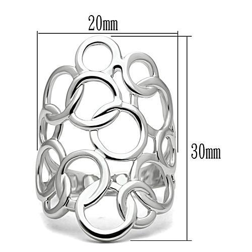 Silver ring with interlocking loops and measurements on a white background