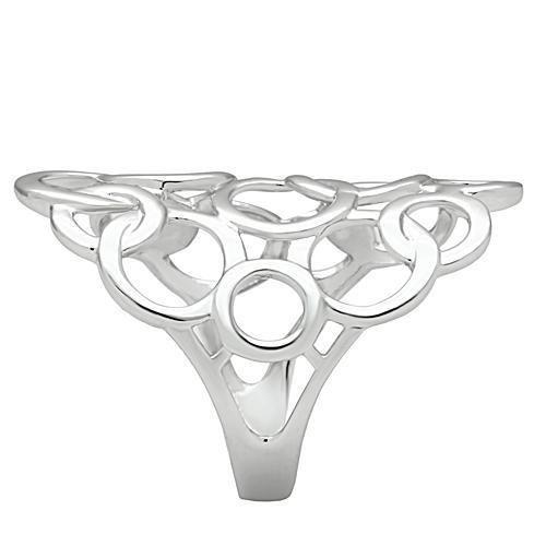 Silver ring with intricate design on a white background
