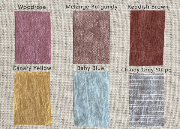 Color swatches labeled Woodrose, Melange Burgundy, Reddish Brown, Canary Yellow, Baby Blue, and Cloudy Grey Stripe on a textured fabric background.