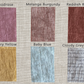 Color swatches labeled Woodrose, Melange Burgundy, Reddish Brown, Canary Yellow, Baby Blue, and Cloudy Grey Stripe on a textured fabric background.