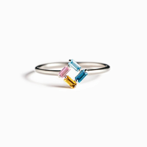 Rectangular geometric birthstone bar ring in 925 sterling silver