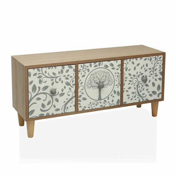 Wooden cabinet with decorative doors featuring tree and leaf patterns on a white background