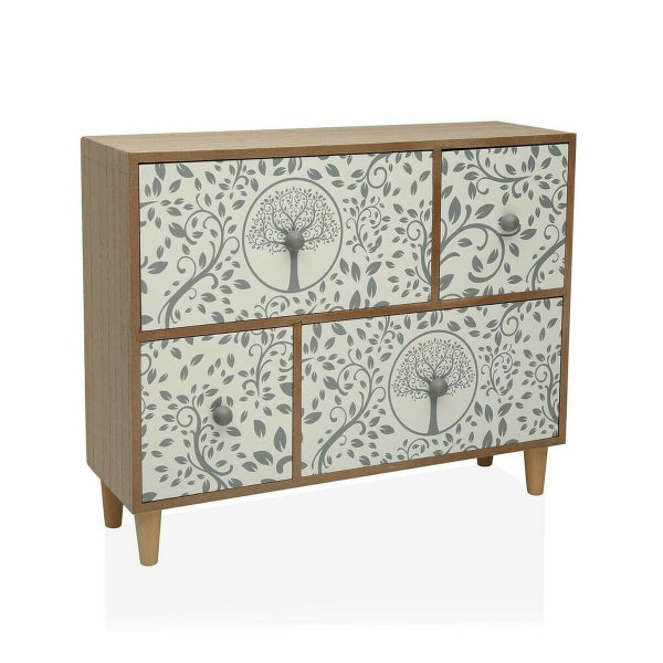 Wooden dresser with tree and leaf patterned drawers on a white background