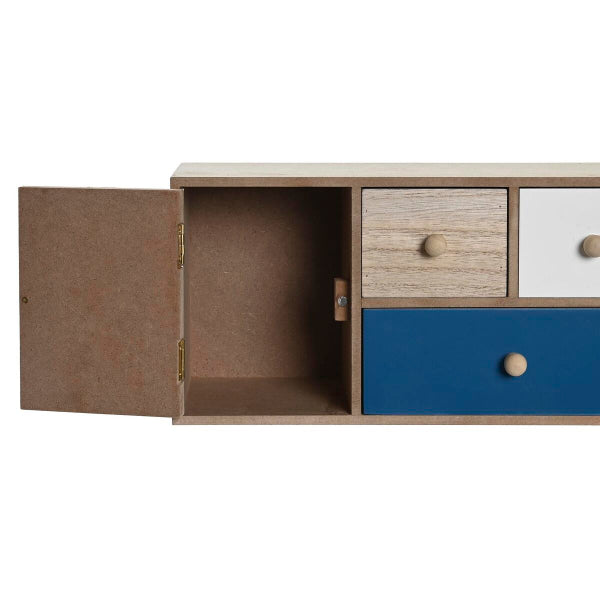 Wooden cabinet with open door and closed drawers on a white background