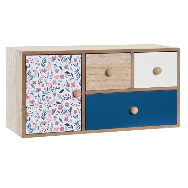 Wooden cabinet with floral-patterned door and blue drawer on a white background