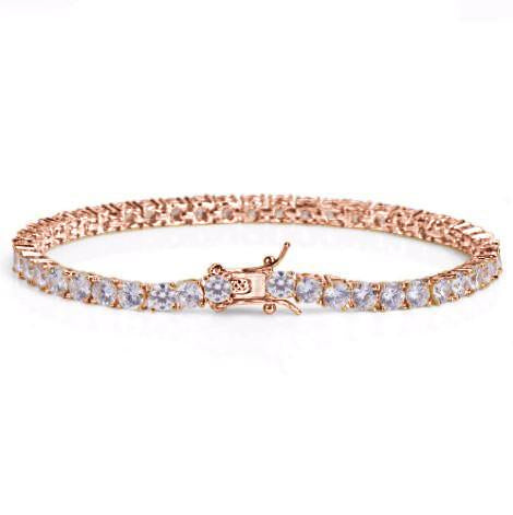 Rose gold bracelet with clear stones on a white background