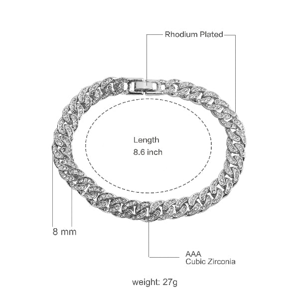 Silver bracelet with measurements and material details on a white background