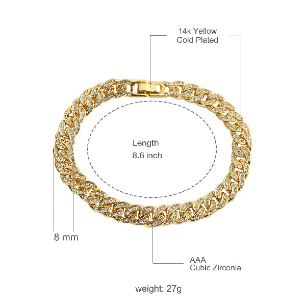 Gold bracelet with measurements and material details on a white background