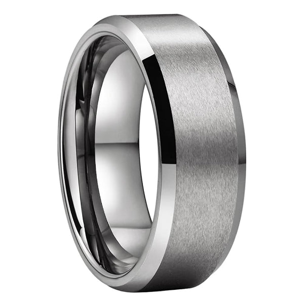 Silver ring with a brushed finish on a white background