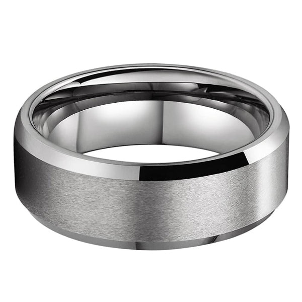 Silver ring with a brushed finish on a white background