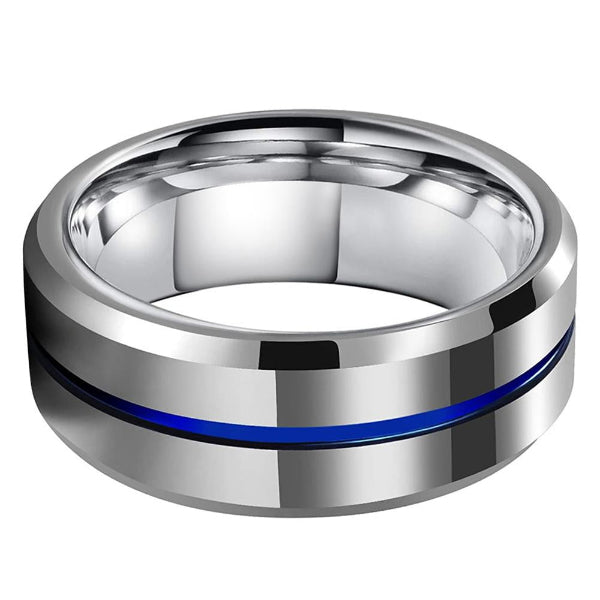 Silver ring with a blue stripe on a white background
