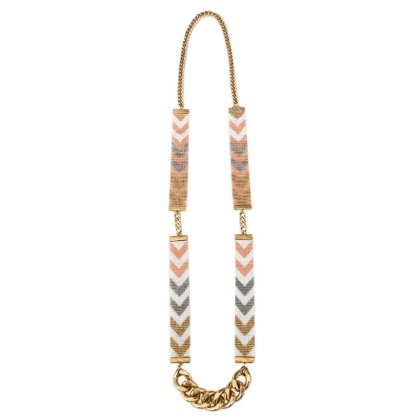 Necklace with chevron patterned beads and gold chain on a white background