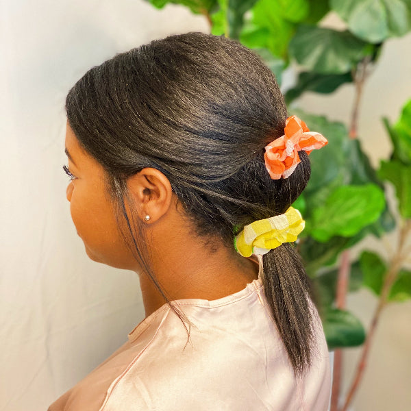 Person with ponytail using colorful scrunchies against a plant background