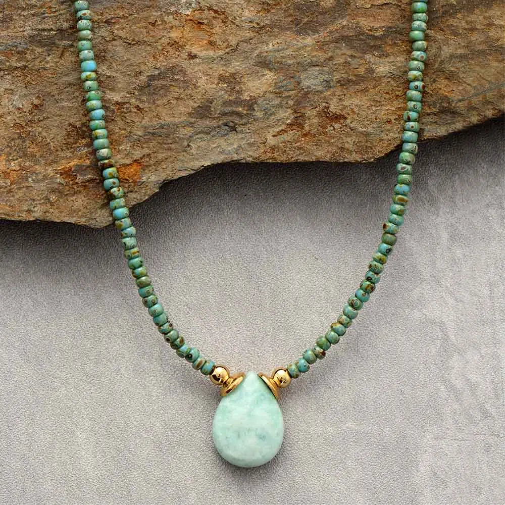 Boho Seed Bead Choker Natural Stone Teardrop Necklace - Odds & Ends Novelties