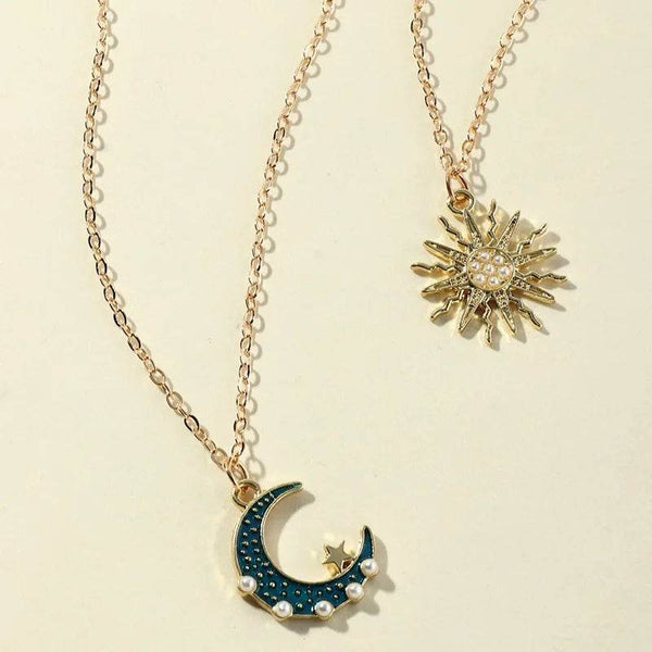 Vintage Double Necklace Pearl Sun Moon Necklace for Women Pendant Choker Necklace Chains for Jewelry Indie Aesthetic Hippie - Odds & Ends Novelties