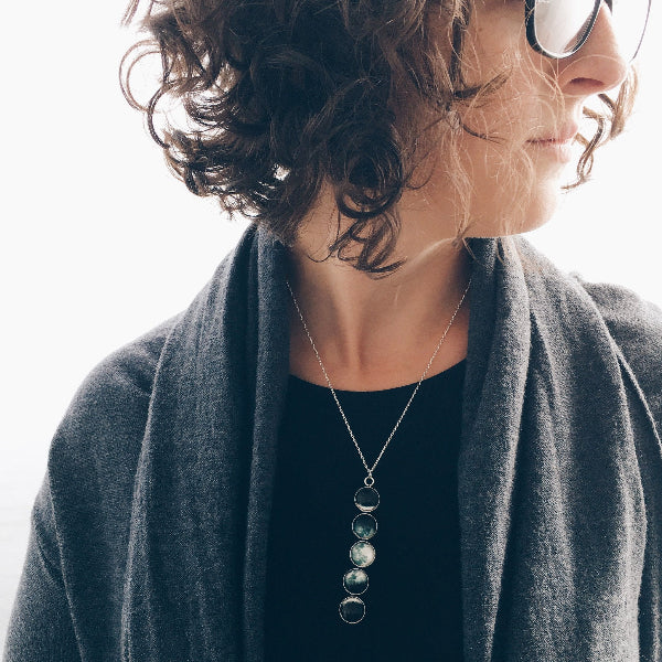 Person wearing a dark gray scarf and a necklace with a pendant, against a neutral background