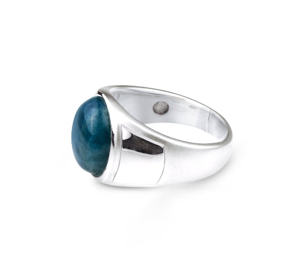 Silver ring with a blue stone on a white background