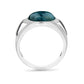Silver ring with a blue stone on a white background