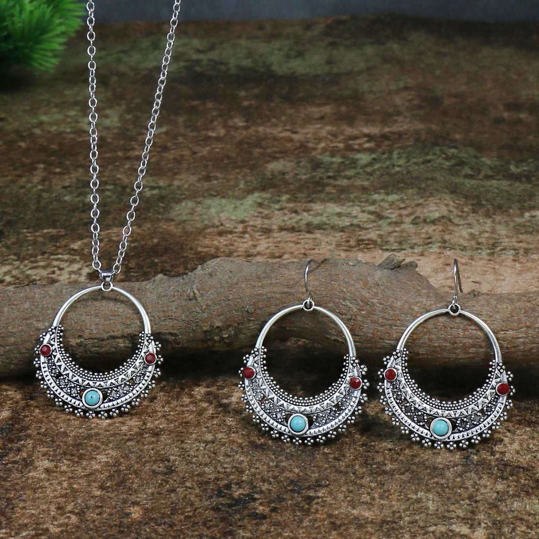 Handmade Turquoise Rustic Tribal Necklace & Earrings Set