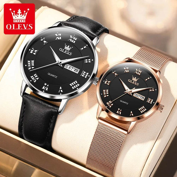 OLEVS 2920 Classic Watch for Men Women Date Week Waterproof Leather Strap Couple Watches Men's Watches Ladies Watch Set Romantic - Odds & Ends Novelties