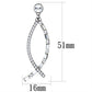 Silver earring with clear gemstones and measurements on a white background