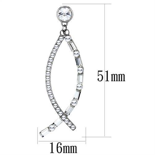 Silver earring with clear gemstones and measurements on a white background