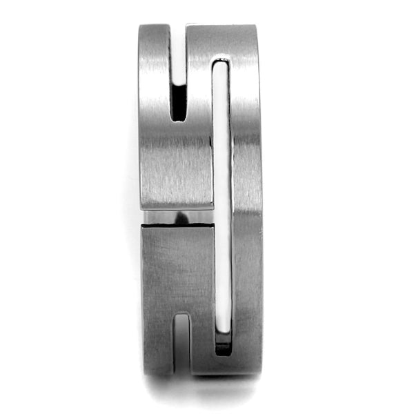 Silver ring with a brushed finish on a white background