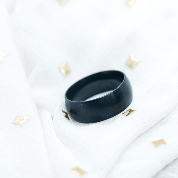 Black ring on a white surface with gold accents