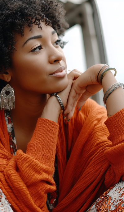 Woman wearing an orange sweater with bracelets on a blurred background