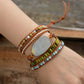 Close-up of a wrist wearing multiple colorful bracelets with a natural stone focal point.