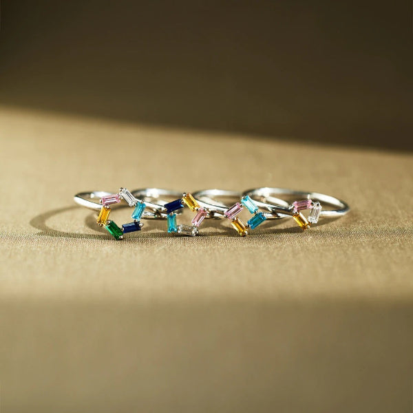 925 silver rectangular birthstone ring, modern stackable design