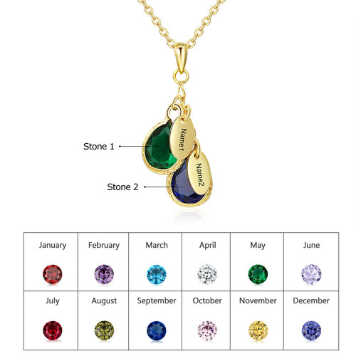 Gold necklace with two teardrop-shaped gemstones and nameplates, with a chart of birthstones by month below.