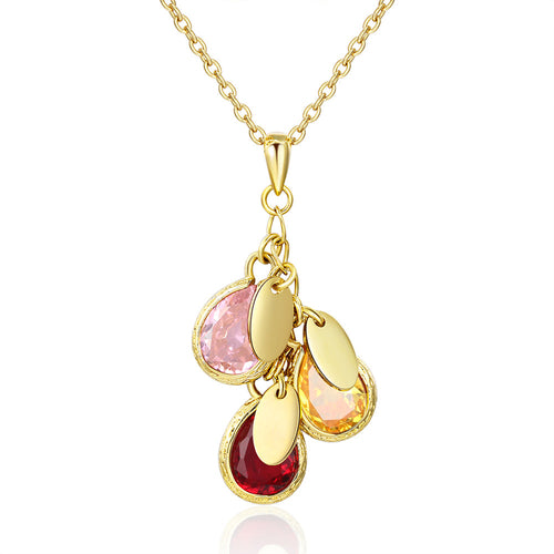 Gold necklace with colored stones labeled for each month, against a white background.
