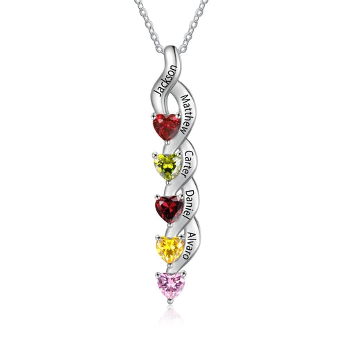 Necklace with interlocking heart-shaped pendants featuring colored stones on a white background