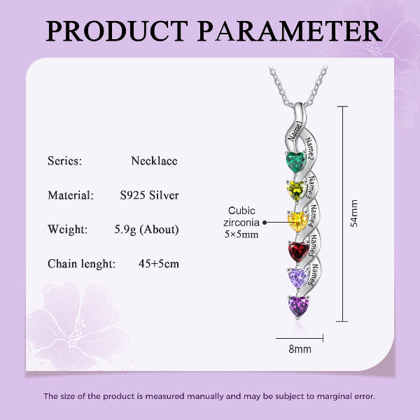 Necklace with colored stones on a purple background with product parameter details.