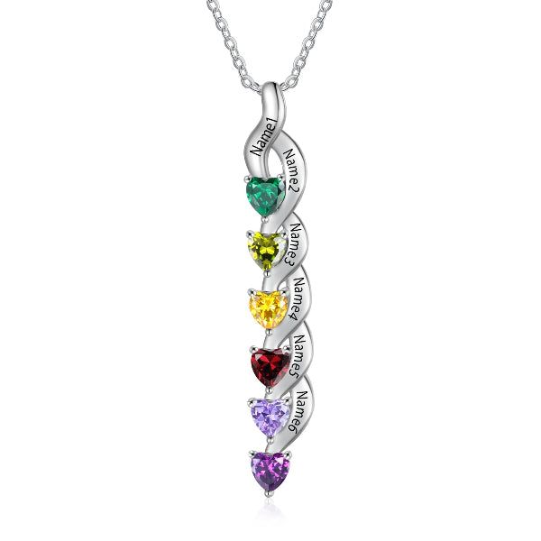 Silver necklace with five heart-shaped gemstones on a white background