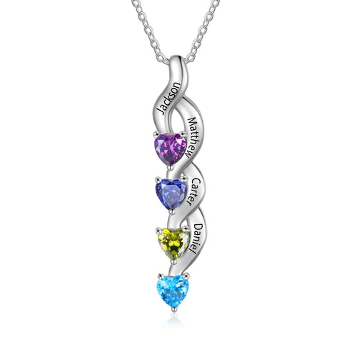 Silver necklace with heart-shaped gemstones and engraved names on a white background