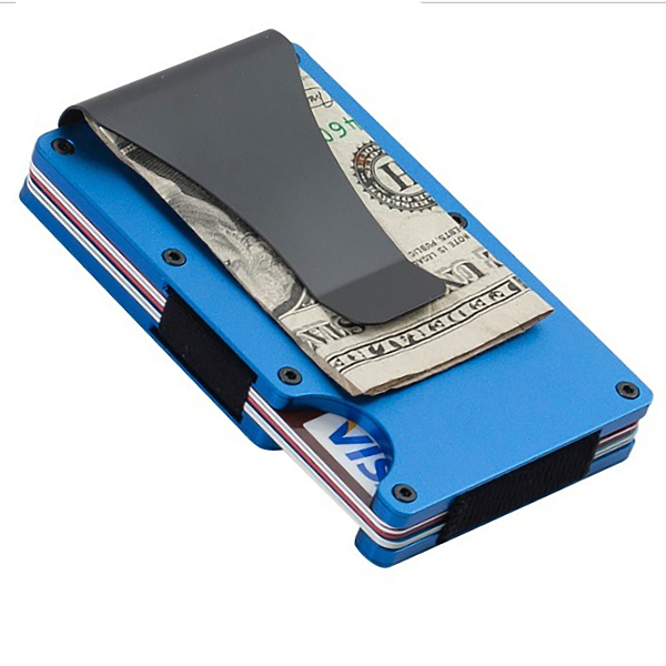Blue money clip with a dollar bill sticking out on a white background