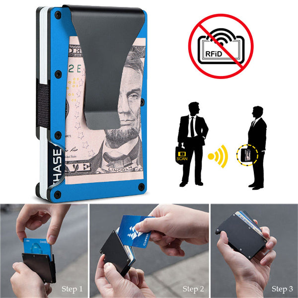RFID blocking cardholder with dollar bill, person icons, and step-by-step usage instructions.