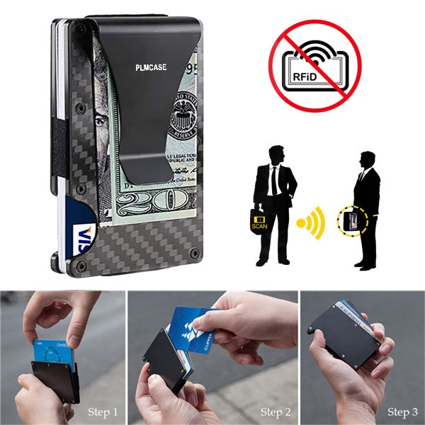 RFID blocking wallet with money clip and demonstration steps on a white background