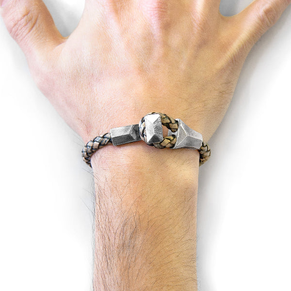 Bracelet with geometric design on a wrist against a white background