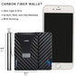 Carbon fiber wallet with smartphone showing features and dimensions